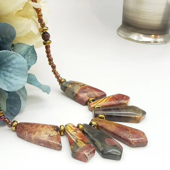 Handmade Red Creek Jasper Stone Bib Style Necklace Iridescent Glass Seed Beads - Picture 3 of 12